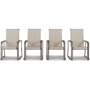Signature Design by Ashley Beach Front Casual Outdoor Stackable Faux Leather Sling Arm Chair, Set of 4, Light Brown(4 Count Sling Chairs)