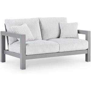 Signature Design by Ashley Moonlight View Contemporary Outdoor Fade and Rust Resistant Coffee Table with Stone Tabletop, Light Gray(Outdoor Loveseat with Cushion)