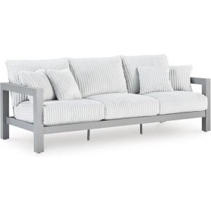 Signature Design by Ashley Moonlight View Contemporary Outdoor Fade and Rust Resistant Coffee Table with Stone Tabletop, Light Gray(Outdoor Sofa with Cushion)