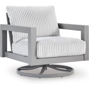 Signature Design by Ashley Moonlight View Contemporary Outdoor Fade and Rust Resistant Coffee Table with Stone Tabletop, Light Gray(Outdoor Swivel Chair with Cushion)