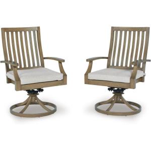 Signature Design by Ashley Rainier Ranch Contemporary Nuvella Weather Resistant Fabric Outdoor High Back Rocker Swivel Chair with Cushion, Set of 2, Light Brown & Beige(Outdoor Swivel Chair with Cushion (Set of 2))