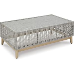 Signature Design by Ashley Seton Creek Casual Resin Wicker Outdoor Coffee Table with Tempered Glass Tabletop, Light Gray & Light Brown(Outdoor Coffee Table)