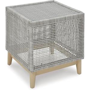 Signature Design by Ashley Seton Creek Casual Resin Wicker Outdoor Coffee Table with Tempered Glass Tabletop, Light Gray & Light Brown(Outdoor End Table)