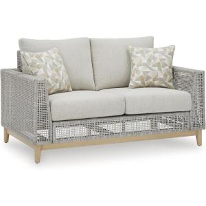 Signature Design by Ashley Seton Creek Casual Resin Wicker Outdoor Coffee Table with Tempered Glass Tabletop, Light Gray & Light Brown(Outdoor Loveseat with Cushion)