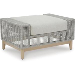 Signature Design by Ashley Seton Creek Casual Resin Wicker Outdoor Coffee Table with Tempered Glass Tabletop, Light Gray & Light Brown(Outdoor Ottoman with Cushion)