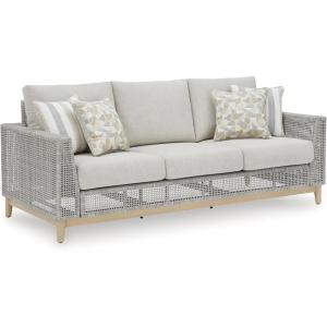 Signature Design by Ashley Seton Creek Casual Resin Wicker Outdoor Coffee Table with Tempered Glass Tabletop, Light Gray & Light Brown(Outdoor Sofa with Cushion)