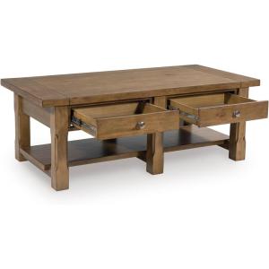 Signature Design by Ashley Vandenmore Casual Rectangular Coffee Table with 2 Drawers and Lower Shelf, Bronze Knobs, Wood, 54″ W x 26″ D x 19.13″ H, Brown(Coffee Table)