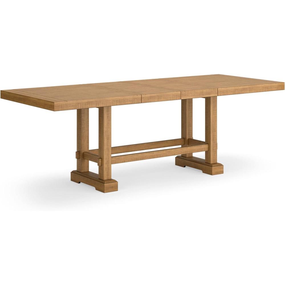 imageSignature Design by Ashley Havonplane Rustic Distressed Counter Height Dining Extension Table with Removable Center Leaf and Double Trestle Base Light Brown