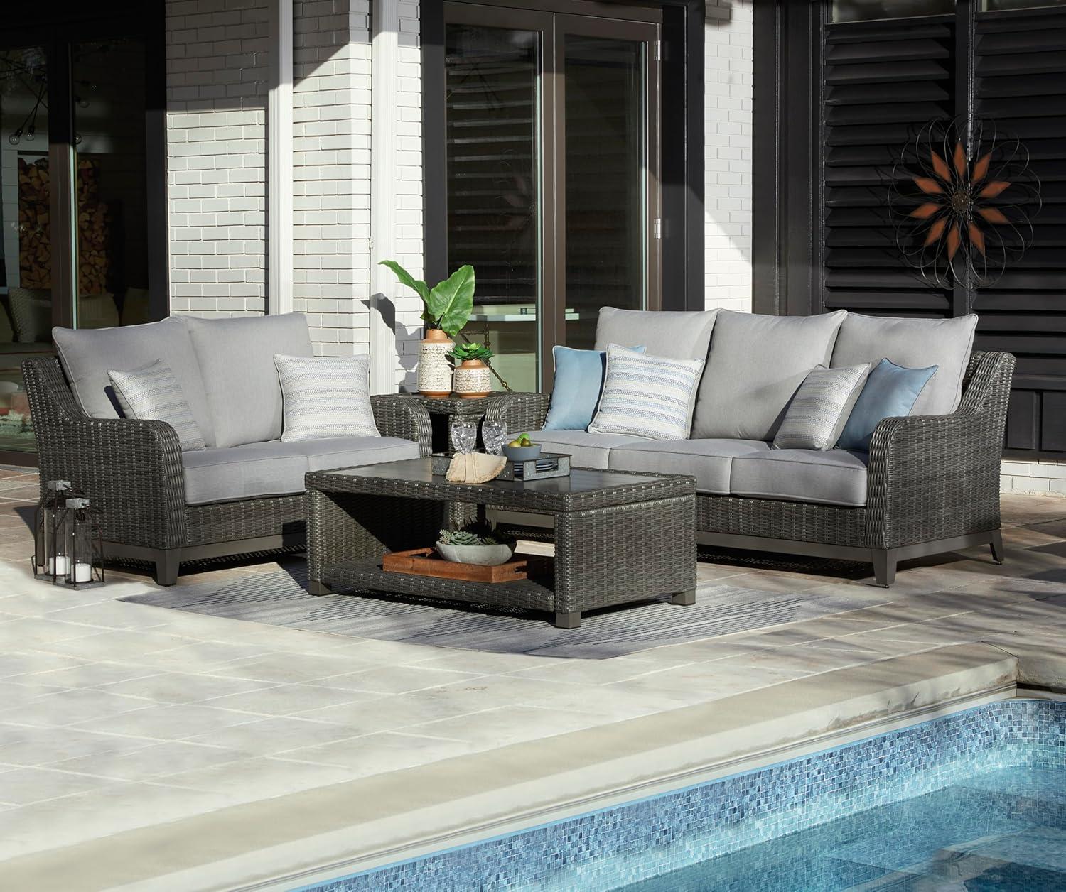 imageSignature Design by Ashley Elite Park Outdoor Bench with Foam Cushion Nuvella Weather Resistant Fabric Rust Free Aluminum Frame 54 W x 17 D x 165 H GrayLoveseat