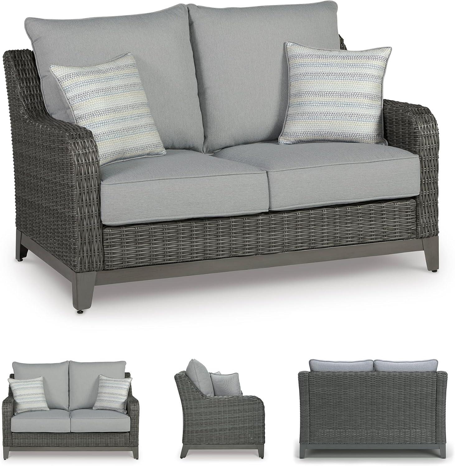 imageSignature Design by Ashley Elite Park Outdoor Bench with Foam Cushion Nuvella Weather Resistant Fabric Rust Free Aluminum Frame 54 W x 17 D x 165 H GrayLoveseat