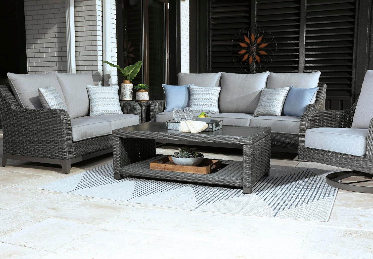 imageSignature Design by Ashley Elite Park Outdoor Bench with Foam Cushion Nuvella Weather Resistant Fabric Rust Free Aluminum Frame 54 W x 17 D x 165 H GrayLoveseat