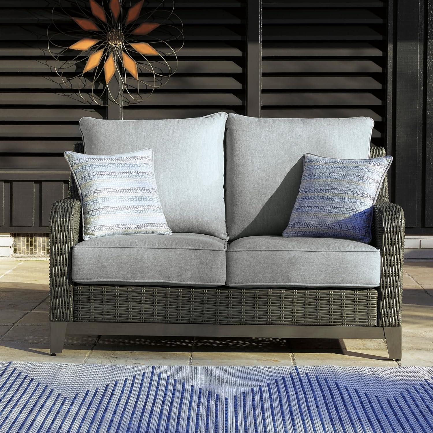 imageSignature Design by Ashley Elite Park Outdoor Bench with Foam Cushion Nuvella Weather Resistant Fabric Rust Free Aluminum Frame 54 W x 17 D x 165 H GrayLoveseat