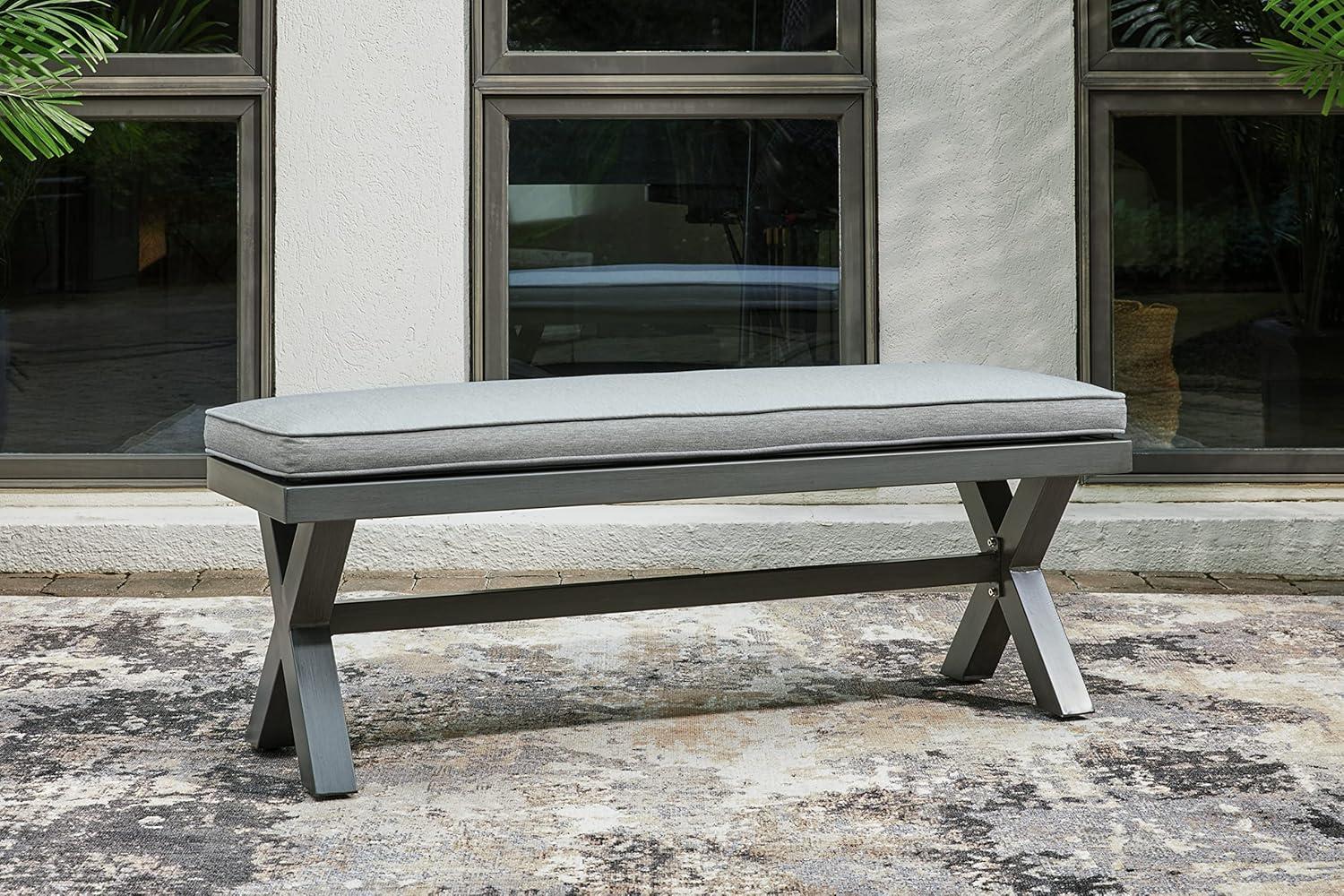 imageSignature Design by Ashley Elite Park Outdoor Bench with Foam Cushion Nuvella Weather Resistant Fabric Rust Free Aluminum Frame 54 W x 17 D x 165 H GrayBench
