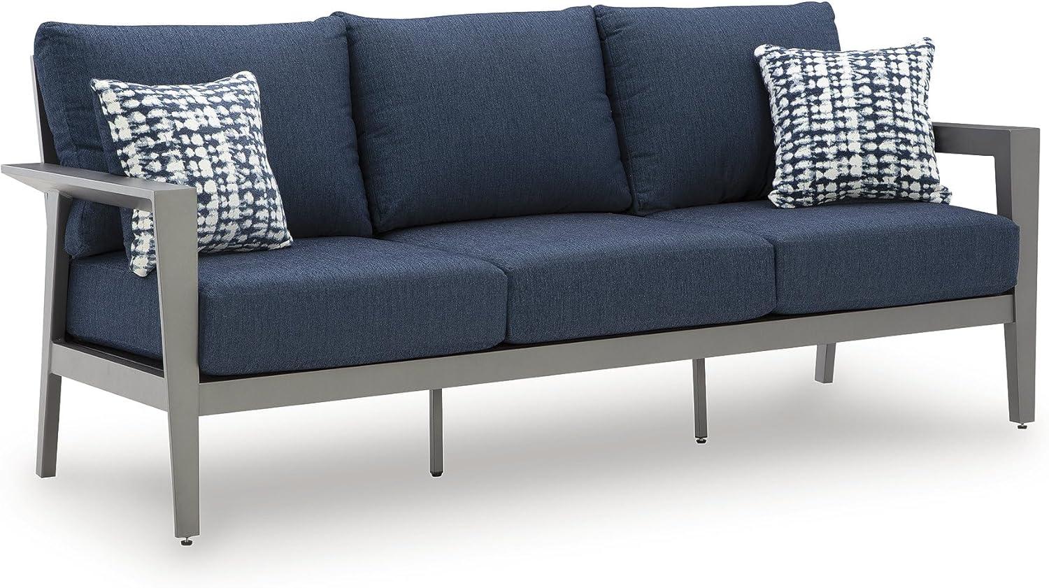 imageSignature Design by Ashley Gali Casual Nuvella Weather Resistant Fabric Outdoor SofaChairsTable Set with Cushion and Throw Pillows Set of 4 Blue amp Light Gray