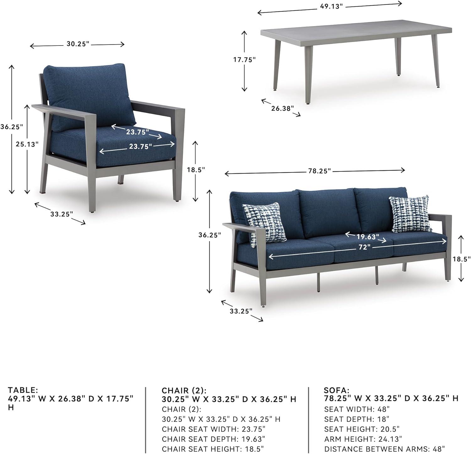 imageSignature Design by Ashley Gali Casual Nuvella Weather Resistant Fabric Outdoor SofaChairsTable Set with Cushion and Throw Pillows Set of 4 Blue amp Light Gray