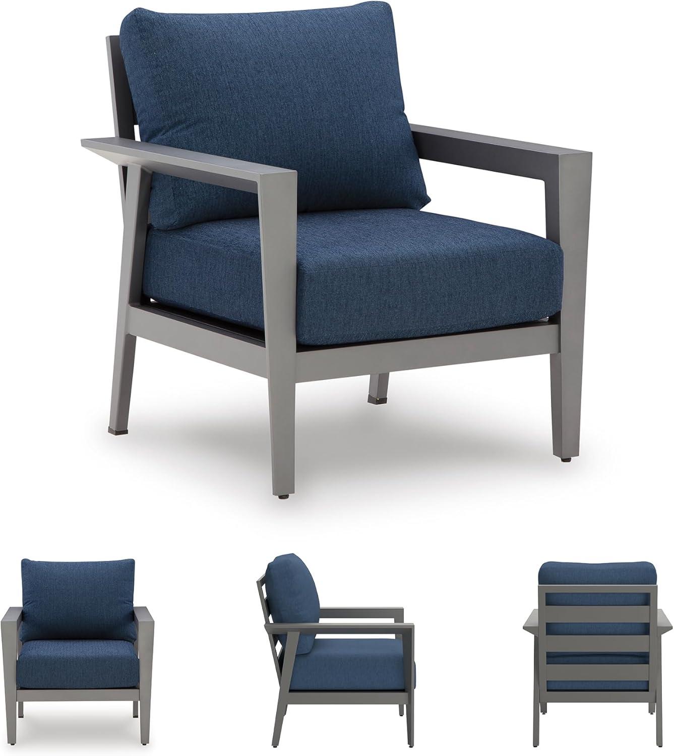 imageSignature Design by Ashley Gali Casual Nuvella Weather Resistant Fabric Outdoor SofaChairsTable Set with Cushion and Throw Pillows Set of 4 Blue amp Light Gray
