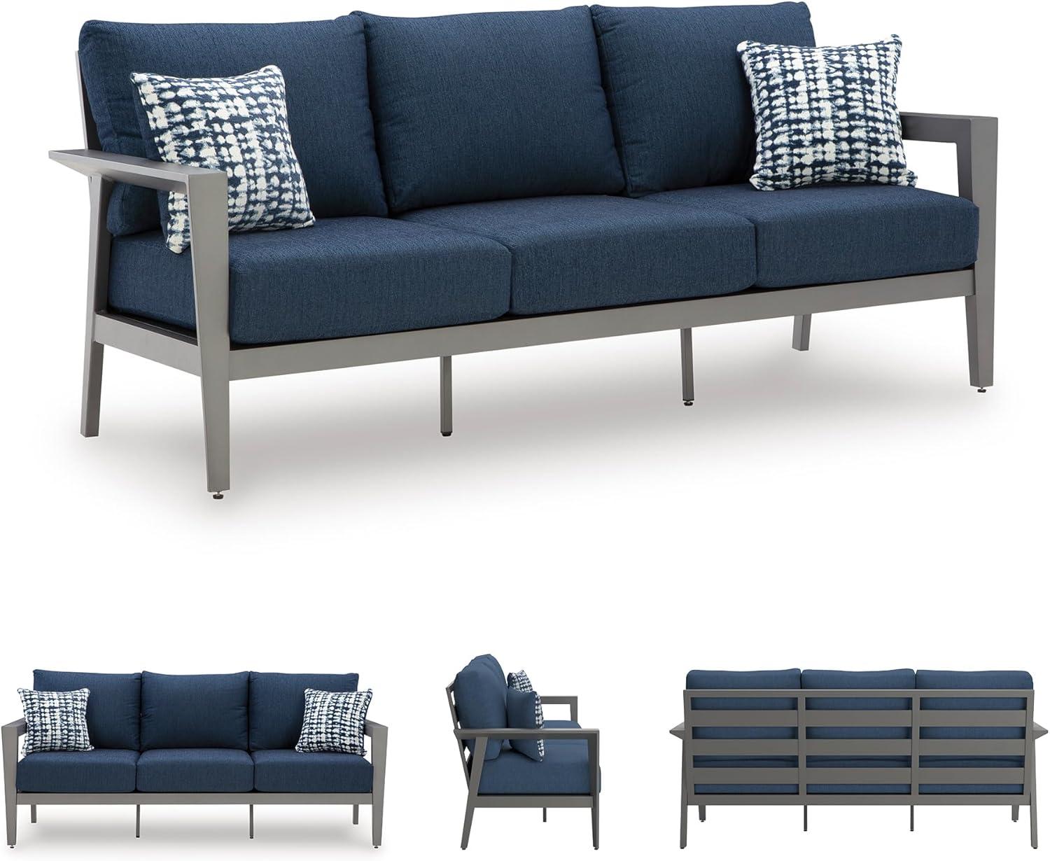 imageSignature Design by Ashley Gali Casual Nuvella Weather Resistant Fabric Outdoor SofaChairsTable Set with Cushion and Throw Pillows Set of 4 Blue amp Light Gray