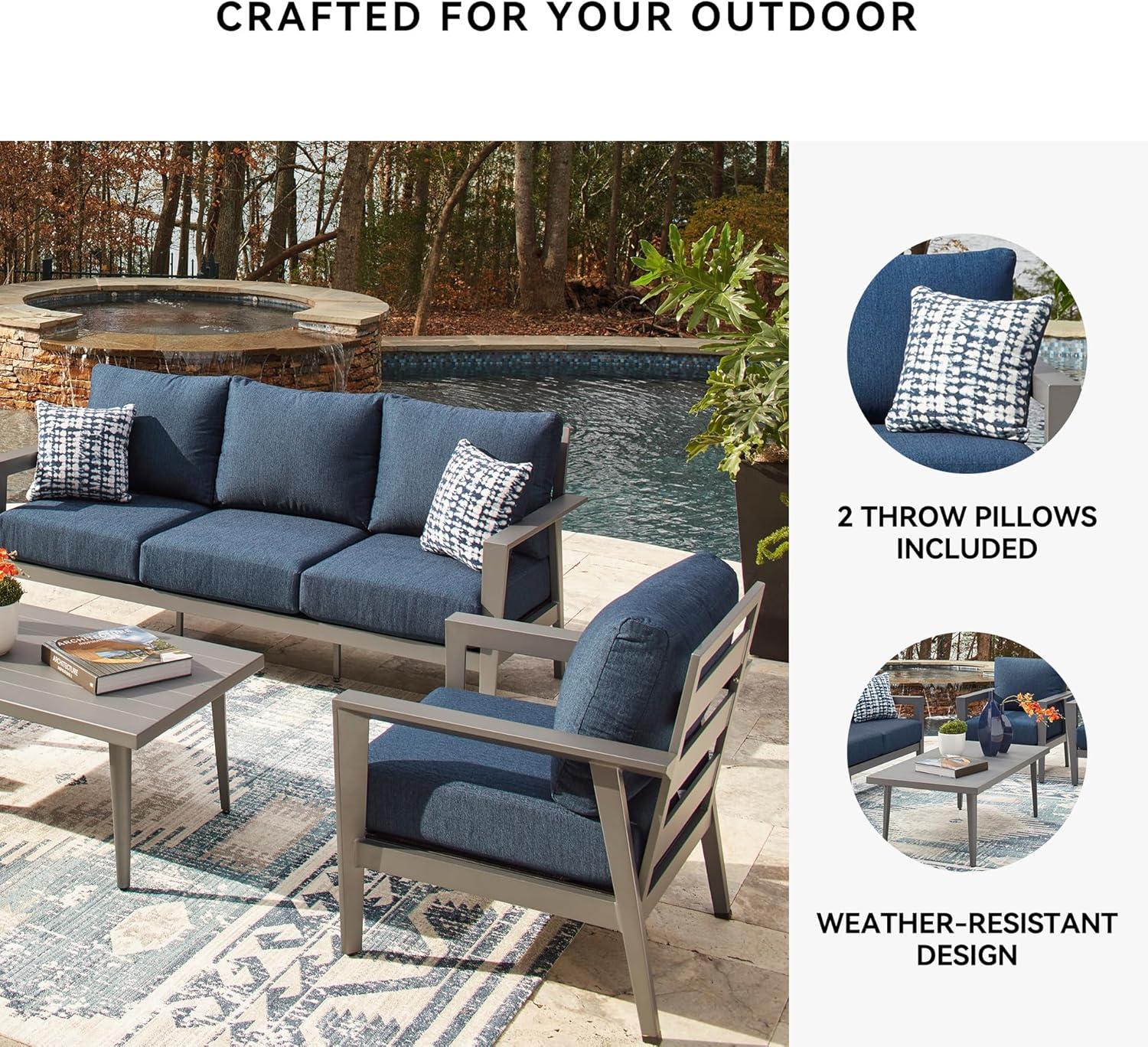 imageSignature Design by Ashley Gali Casual Nuvella Weather Resistant Fabric Outdoor SofaChairsTable Set with Cushion and Throw Pillows Set of 4 Blue amp Light Gray