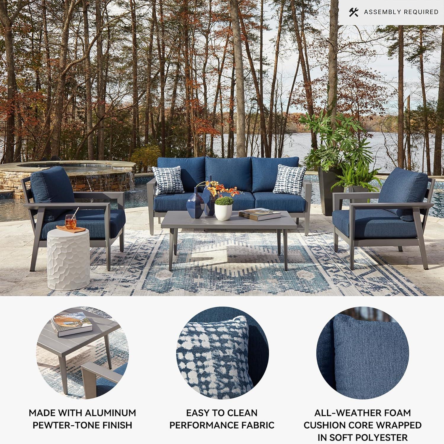 imageSignature Design by Ashley Gali Casual Nuvella Weather Resistant Fabric Outdoor SofaChairsTable Set with Cushion and Throw Pillows Set of 4 Blue amp Light Gray