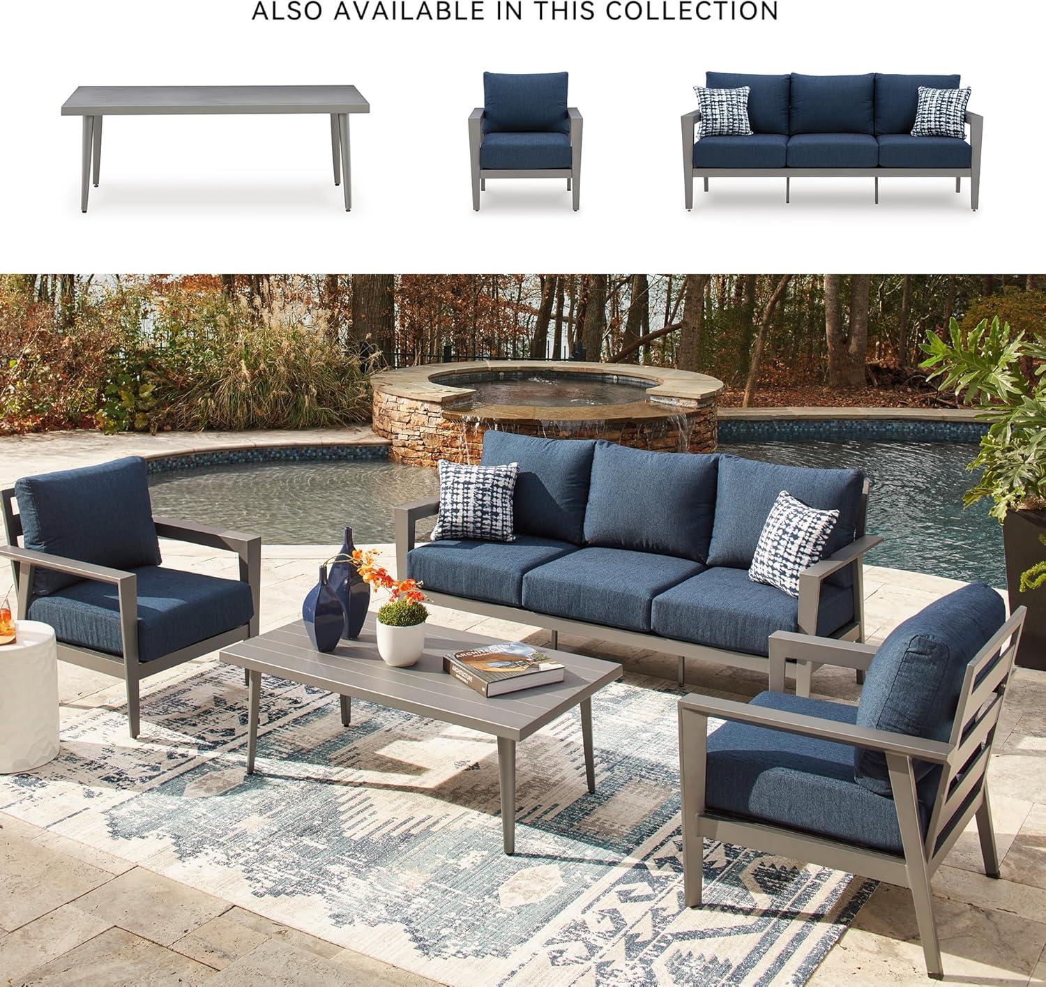 imageSignature Design by Ashley Gali Casual Nuvella Weather Resistant Fabric Outdoor SofaChairsTable Set with Cushion and Throw Pillows Set of 4 Blue amp Light Gray