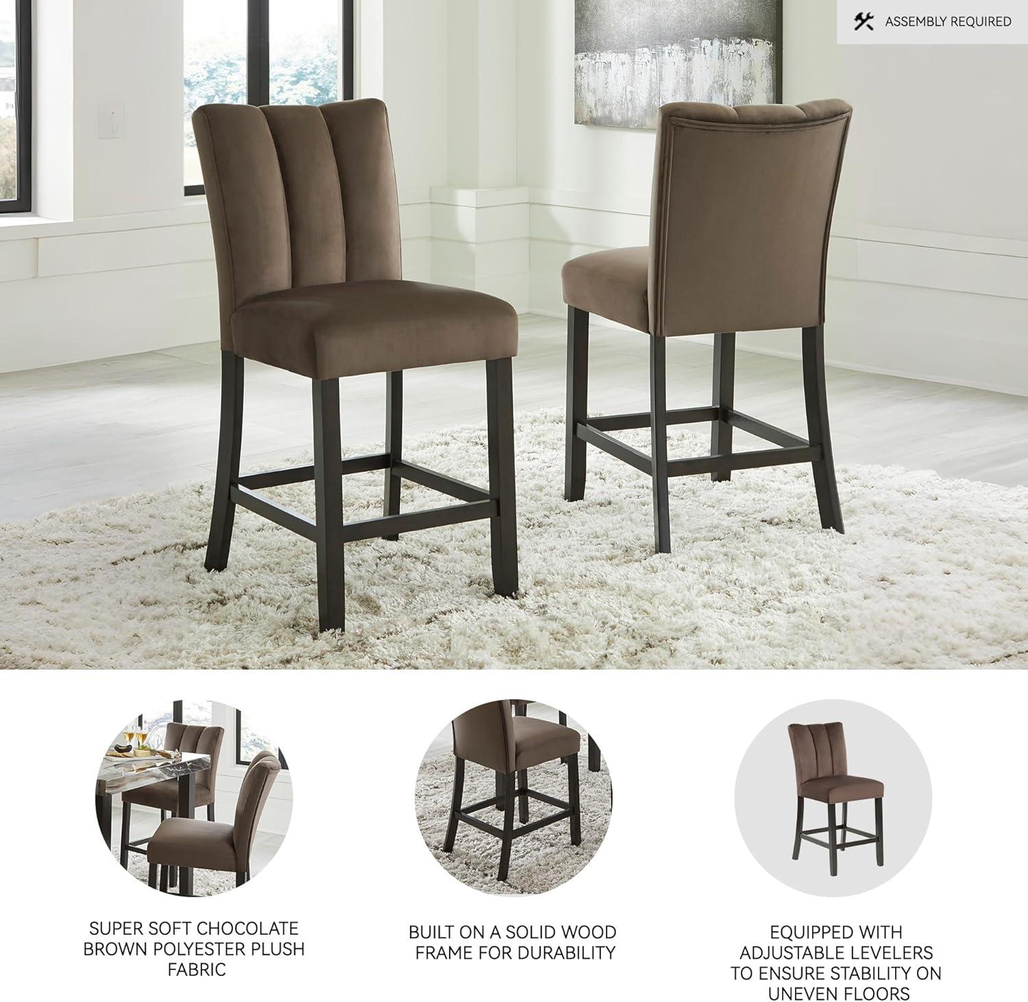 imageSignature Design by Ashley Jazmore Contemporary Velvet Upholstered Counter Height Bar Stool with Footrest and Adjustable Levelers Set of 2 Dark Brown amp BlackUpholsered Brown