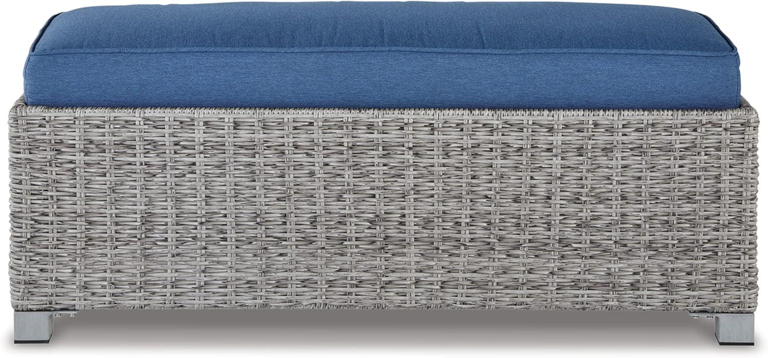 imageSignature Design by Ashley Naples Beach Casual Outdoor Bench with Cushion Nuvella Weather Resistant Fabric Light Gray amp BlueBench