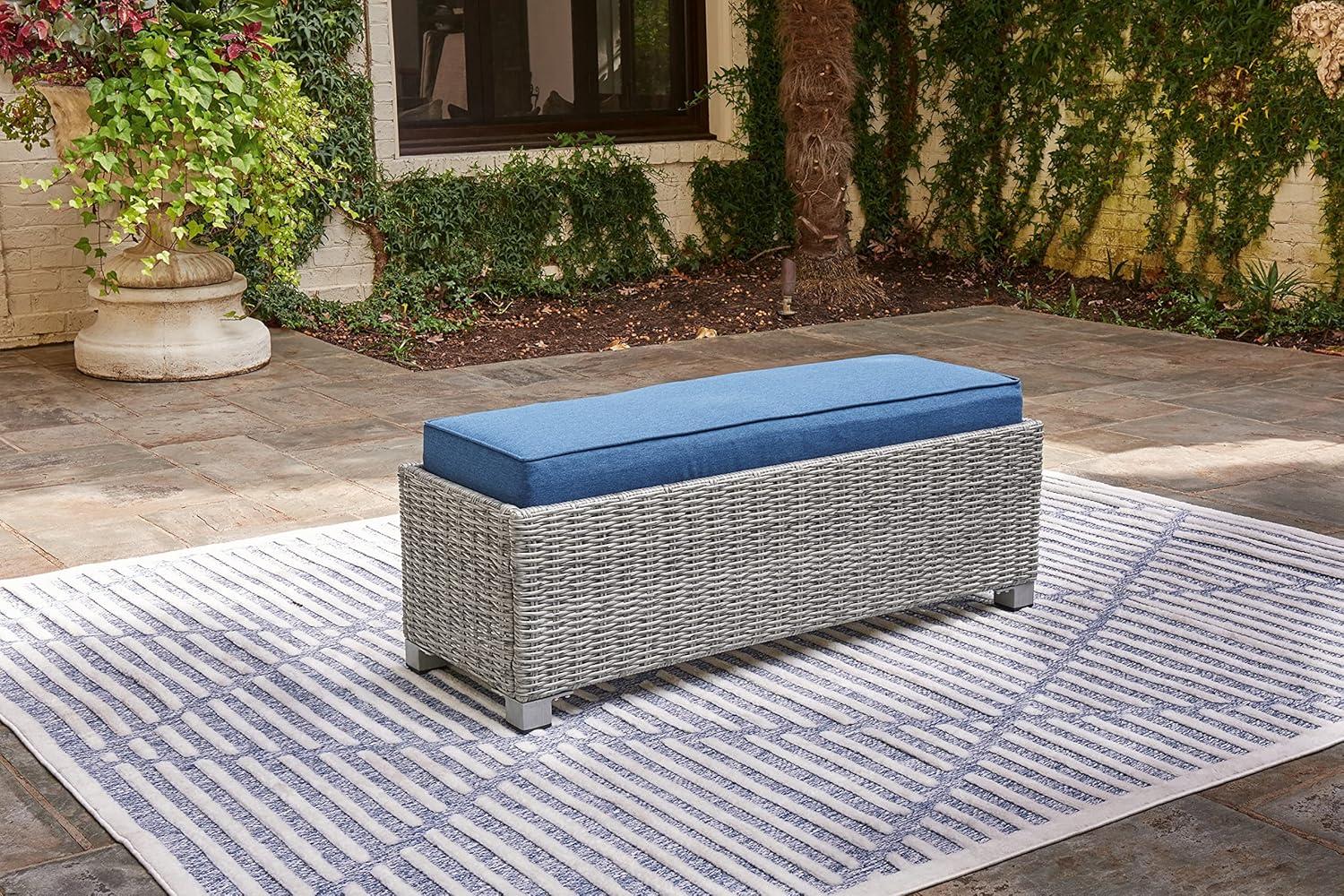 imageSignature Design by Ashley Naples Beach Casual Outdoor Bench with Cushion Nuvella Weather Resistant Fabric Light Gray amp BlueBench