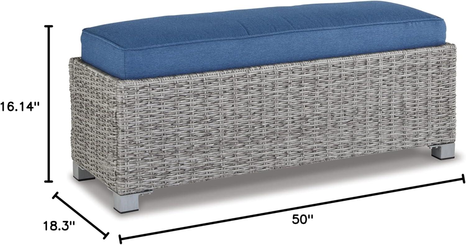 imageSignature Design by Ashley Naples Beach Casual Outdoor Bench with Cushion Nuvella Weather Resistant Fabric Light Gray amp BlueBench