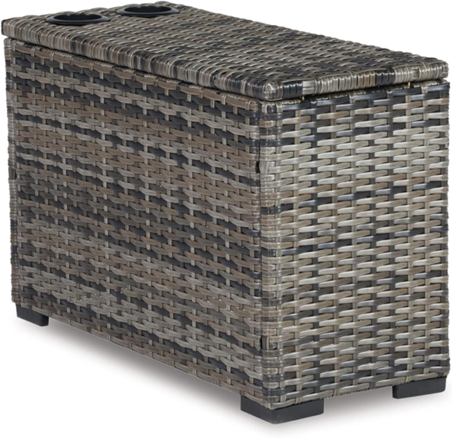 imageSignature Design by Ashley Outdoor Harbor Court Patio Wicker Ottoman with CushionNuvella Weather Resistant Fabric GrayConsole