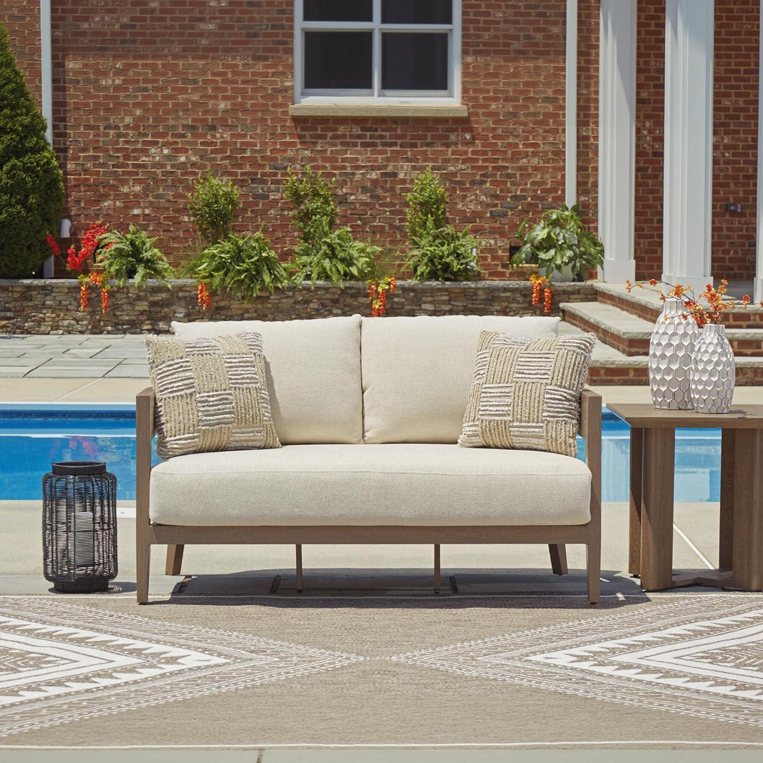 imageSignature Design by Ashley Serene Bay Casual Outdoor Dining Table with Sled Base Dark BrownOutdoor Loveseat with Cushion