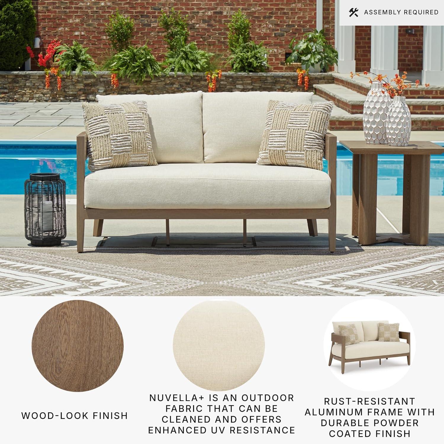 imageSignature Design by Ashley Serene Bay Casual Outdoor Dining Table with Sled Base Dark BrownOutdoor Loveseat with Cushion