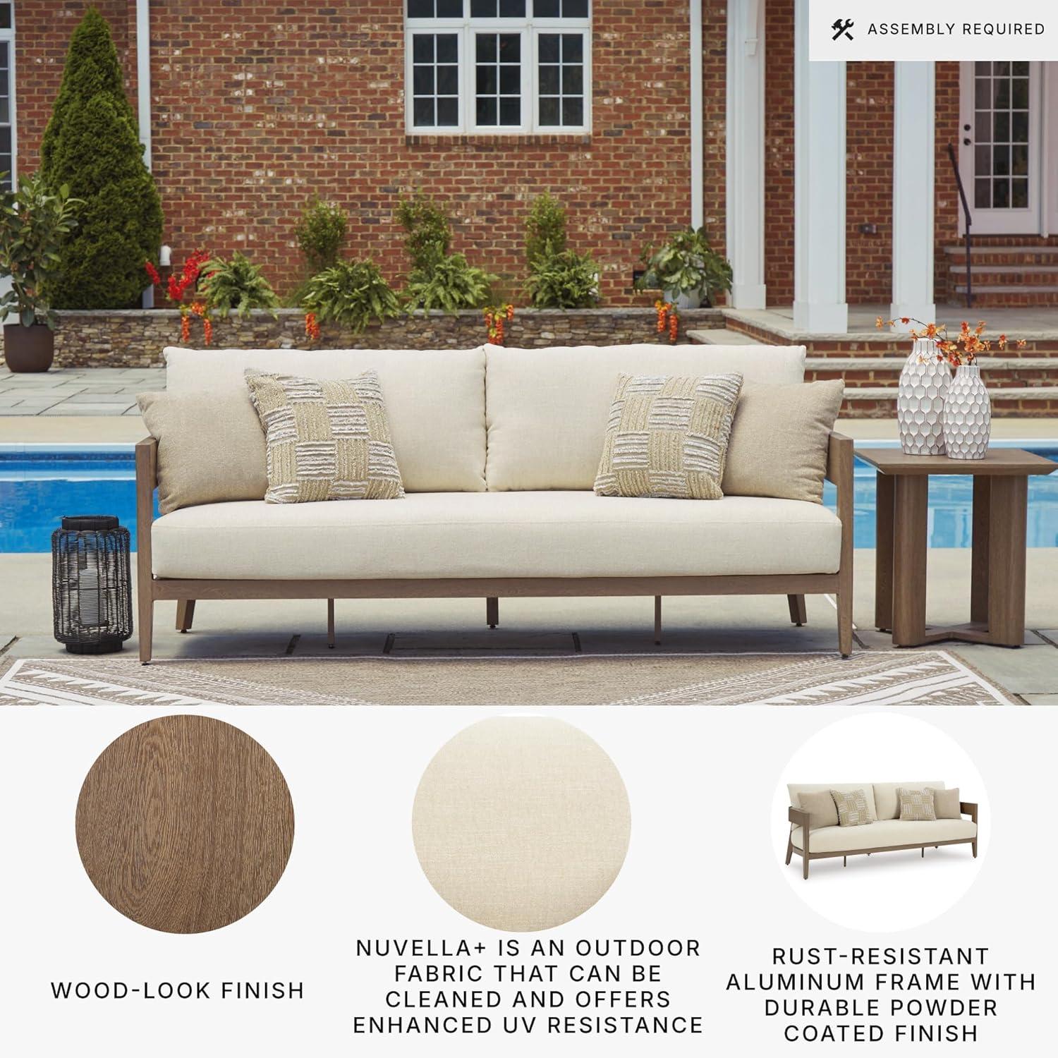imageSignature Design by Ashley Serene Bay Casual Outdoor Dining Table with Sled Base Dark BrownOutdoor Sofa with Cushion