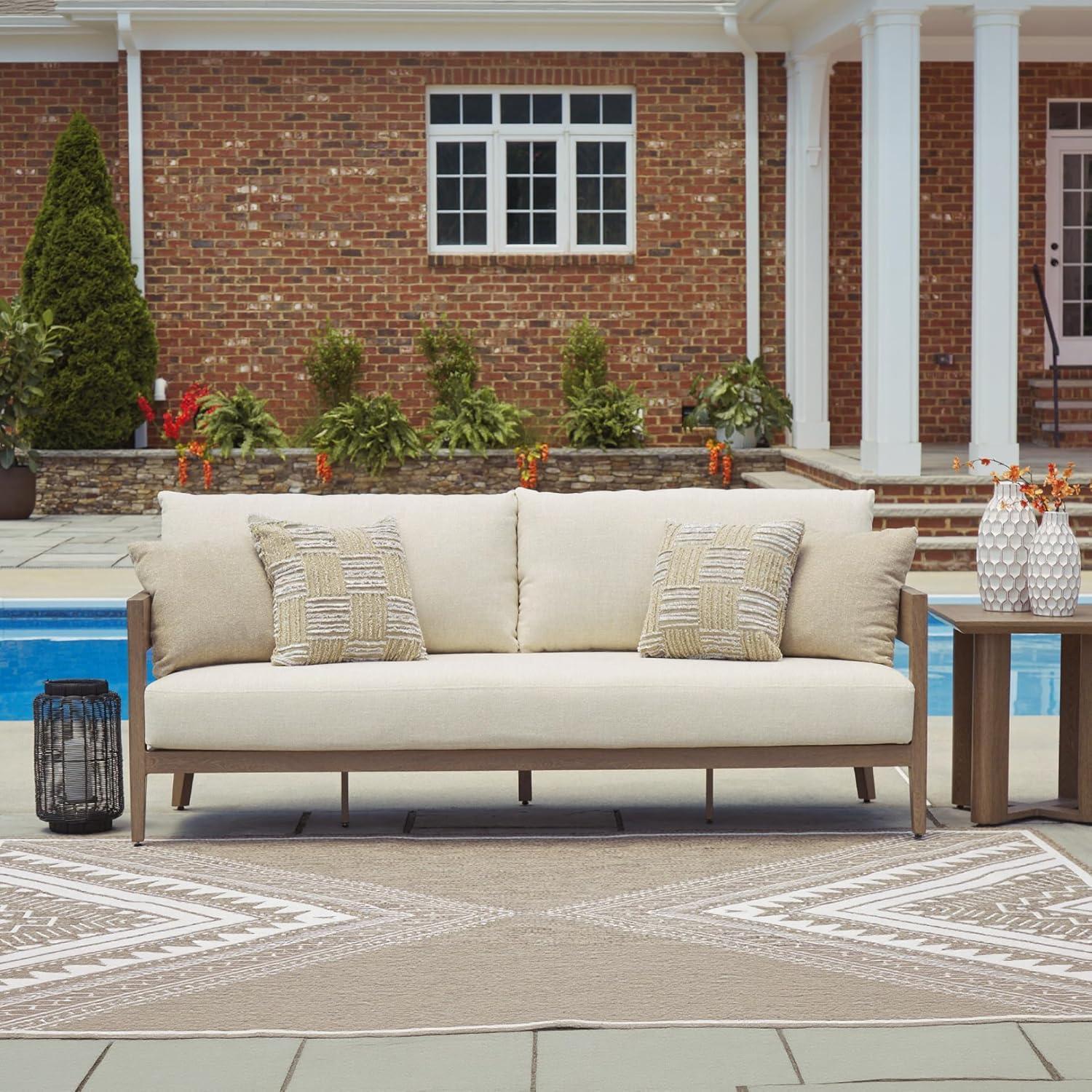 imageSignature Design by Ashley Serene Bay Casual Outdoor Dining Table with Sled Base Dark BrownOutdoor Sofa with Cushion