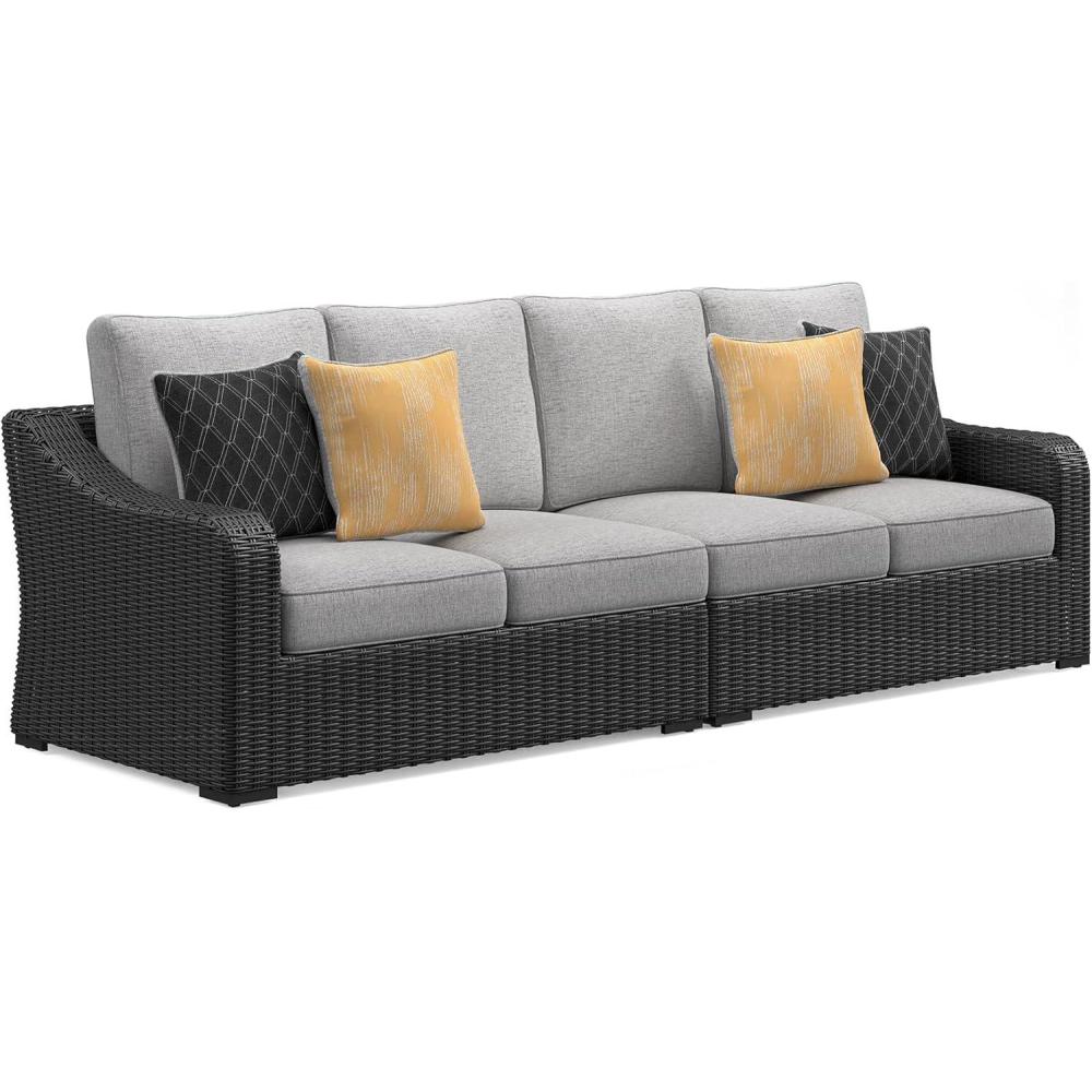 imageSignature Design by Ashley Beachcroft Curved Modern 3Piece Outdoor Sectional with Cushion and 6 Throw Pillows Light GrayBrown
