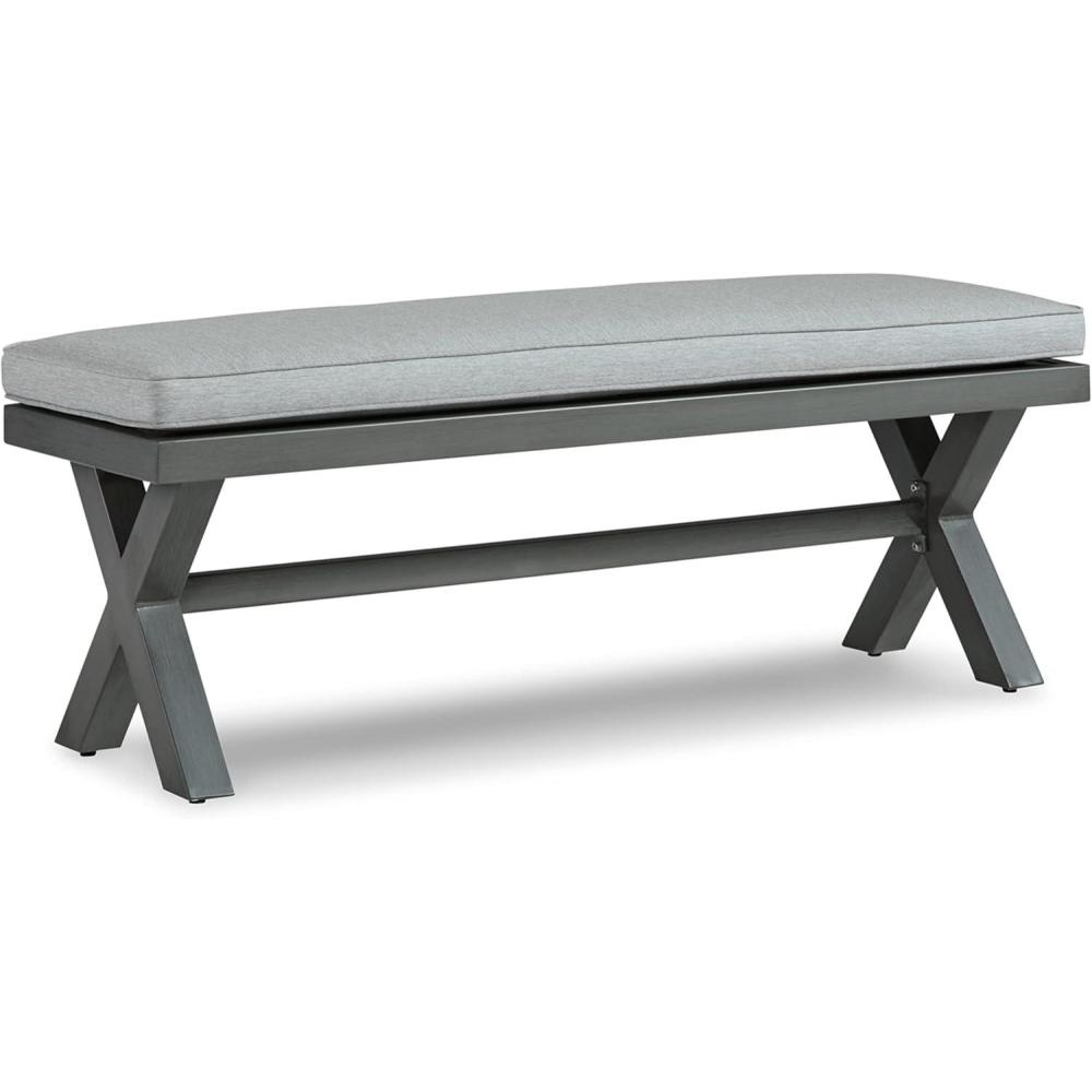 imageSignature Design by Ashley Elite Park Outdoor Bench with Foam Cushion Nuvella Weather Resistant Fabric Rust Free Aluminum Frame 54 W x 17 D x 165 H GrayBench
