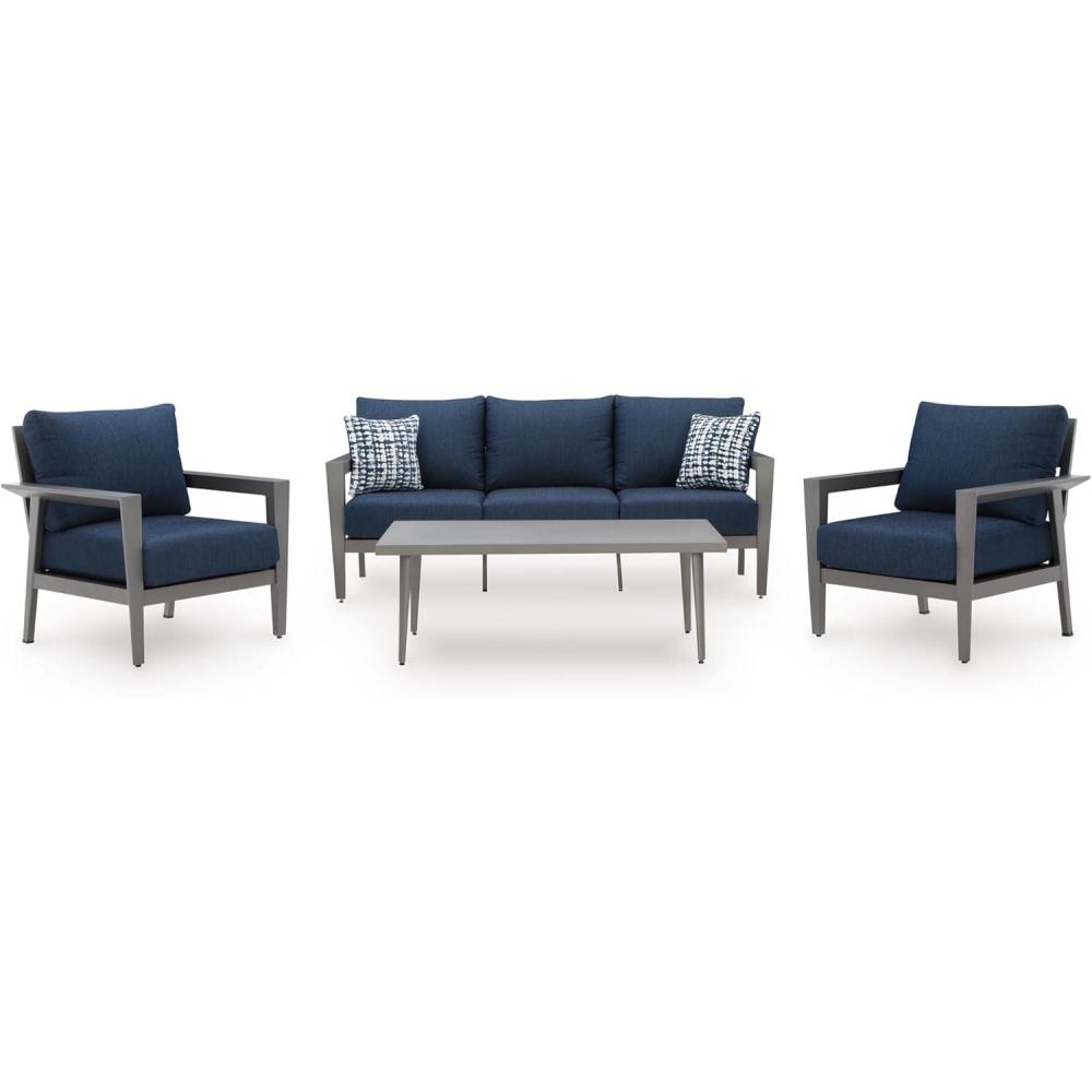 imageSignature Design by Ashley Gali Casual Nuvella Weather Resistant Fabric Outdoor SofaChairsTable Set with Cushion and Throw Pillows Set of 4 Blue amp Light Gray