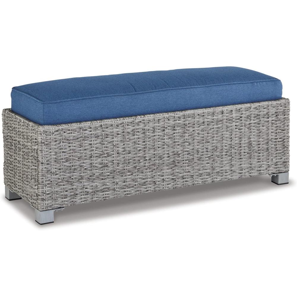 imageSignature Design by Ashley Naples Beach Casual Outdoor Bench with Cushion Nuvella Weather Resistant Fabric Light Gray amp BlueBench