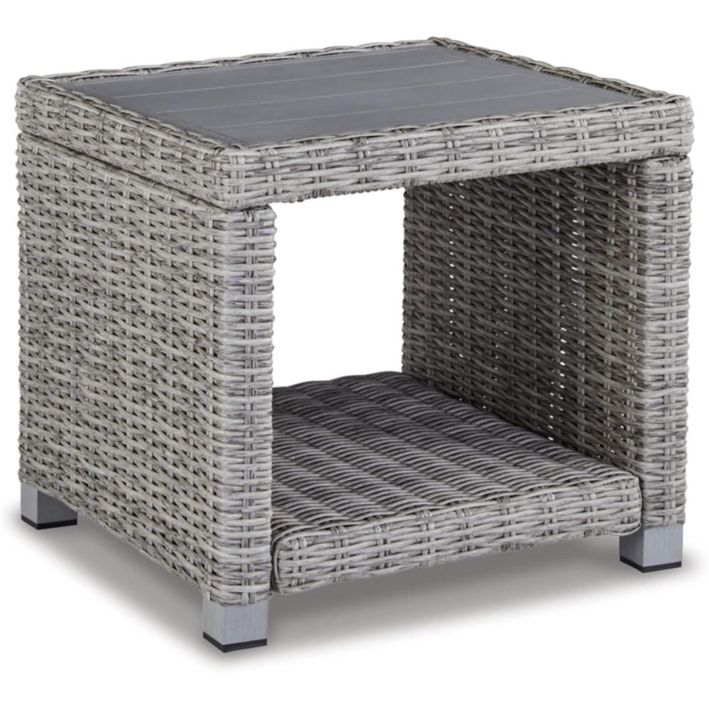 imageSignature Design by Ashley Naples Beach Casual Outdoor Bench with Cushion Nuvella Weather Resistant Fabric Light Gray amp BlueEnd Table
