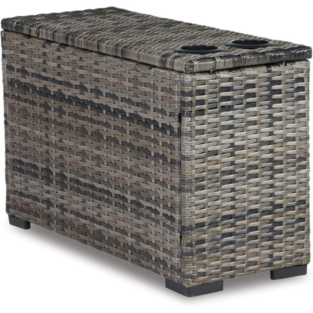 imageSignature Design by Ashley Outdoor Harbor Court Patio Wicker Ottoman with CushionNuvella Weather Resistant Fabric GrayConsole
