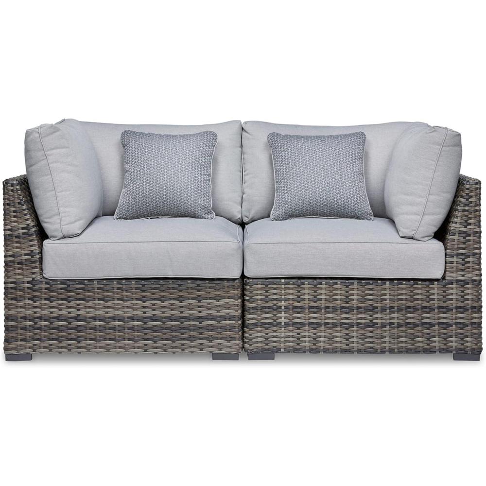 imageSignature Design by Ashley Outdoor Harbor Court Patio Wicker Ottoman with CushionNuvella Weather Resistant Fabric GrayCorner Chair Set