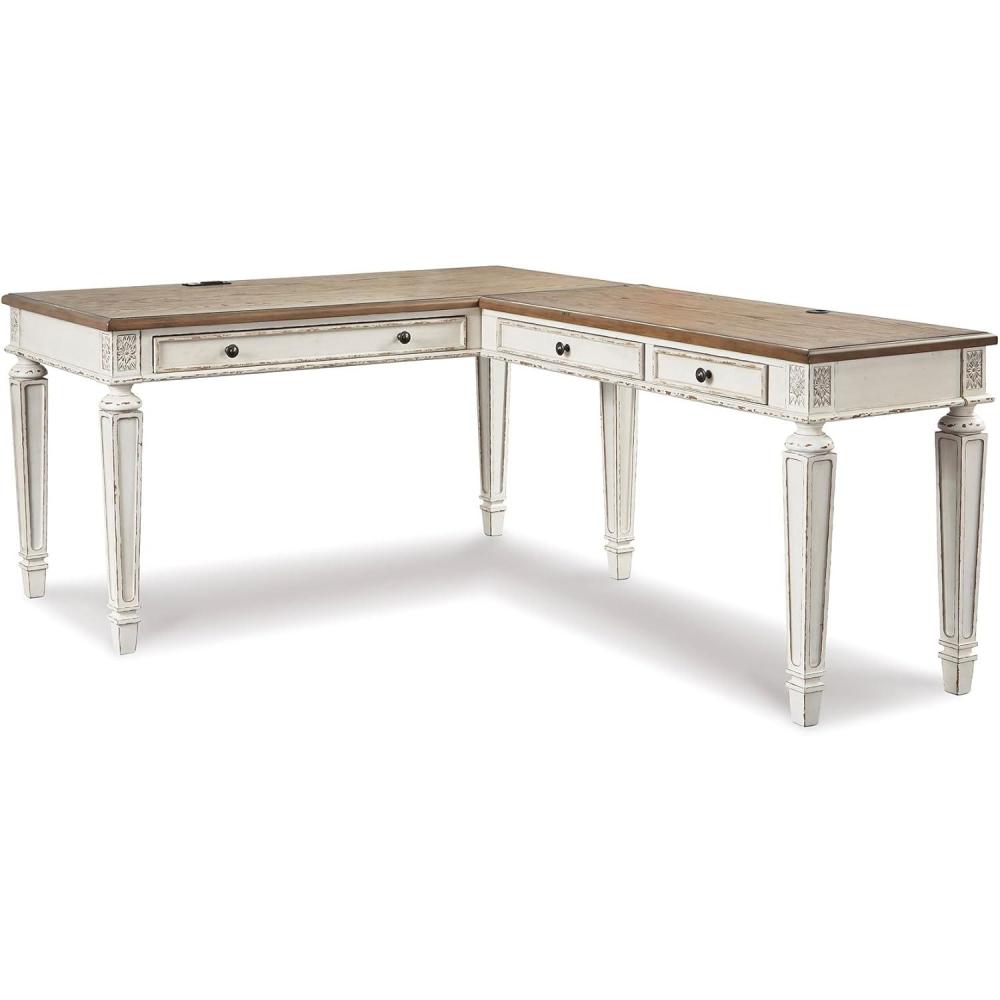 imageSignature Design by Ashley Realyn Cottage LShaped Distressed 2Piece Home Office Desk with Power Supply and USB Ports White amp Light BrownWhite Brown