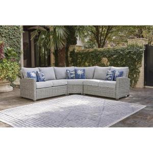 Signature Design by Ashley Naples Beach Casual Outdoor Bench with Cushion, Nuvella Weather Resistant Fabric, Light Gray & Blue(3-Piece Outdoor Sectional)