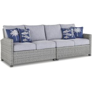 Signature Design by Ashley Naples Beach Casual Outdoor Bench with Cushion, Nuvella Weather Resistant Fabric, Light Gray & Blue(Loveseat)