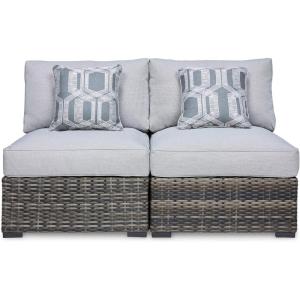 Signature Design by Ashley Outdoor Harbor Court Patio Wicker Ottoman with Cushion,Nuvella Weather Resistant Fabric, Gray(Armless Chair Set)