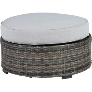 Signature Design by Ashley Outdoor Harbor Court Patio Wicker Ottoman with Cushion,Nuvella Weather Resistant Fabric, Gray(Ottoman)