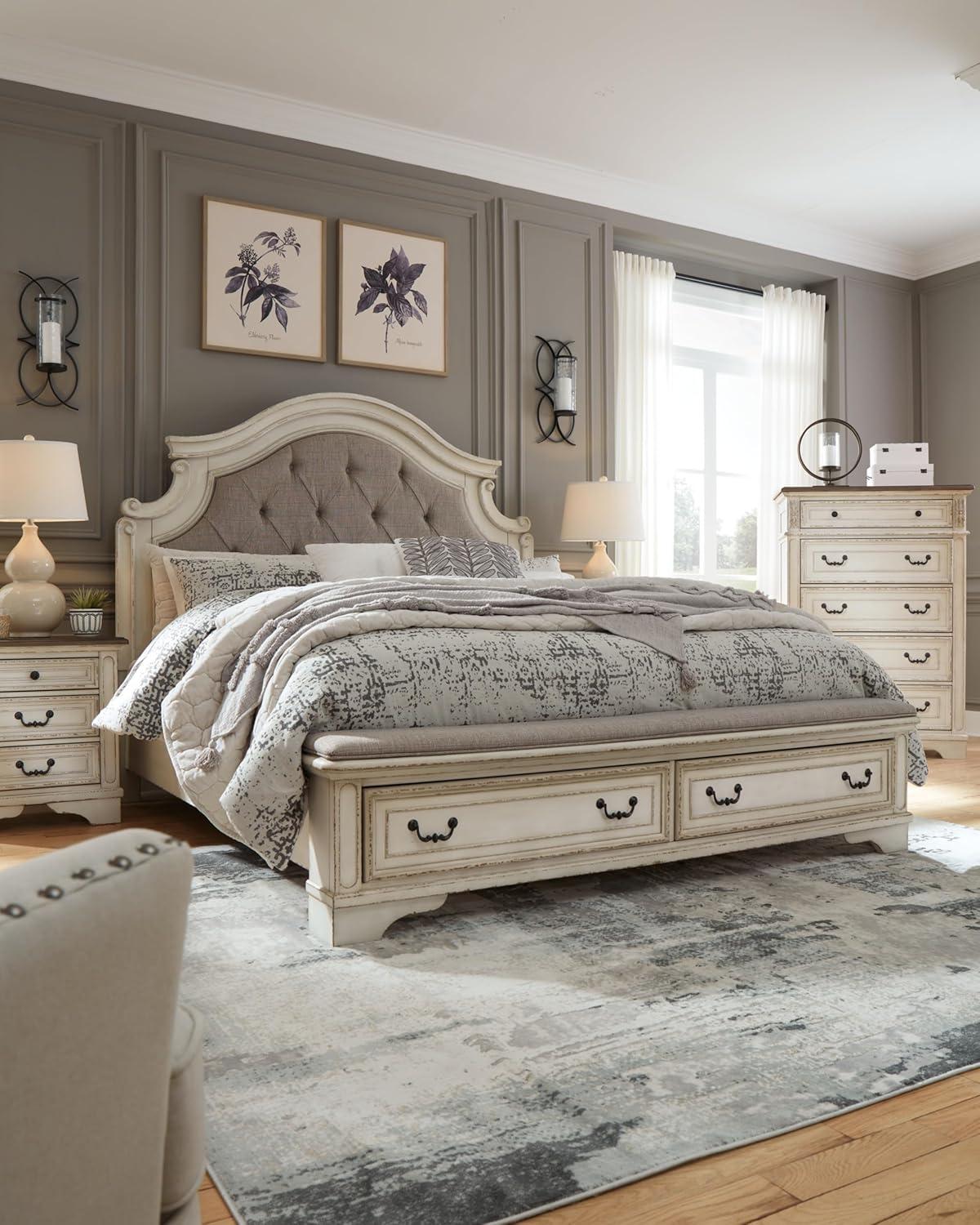 imageSignature Design by Ashley Realyn Traditional Upholstered Panel Bed with Tufted Design Foundation or Box Spring Needed King BeigeCalifornia King