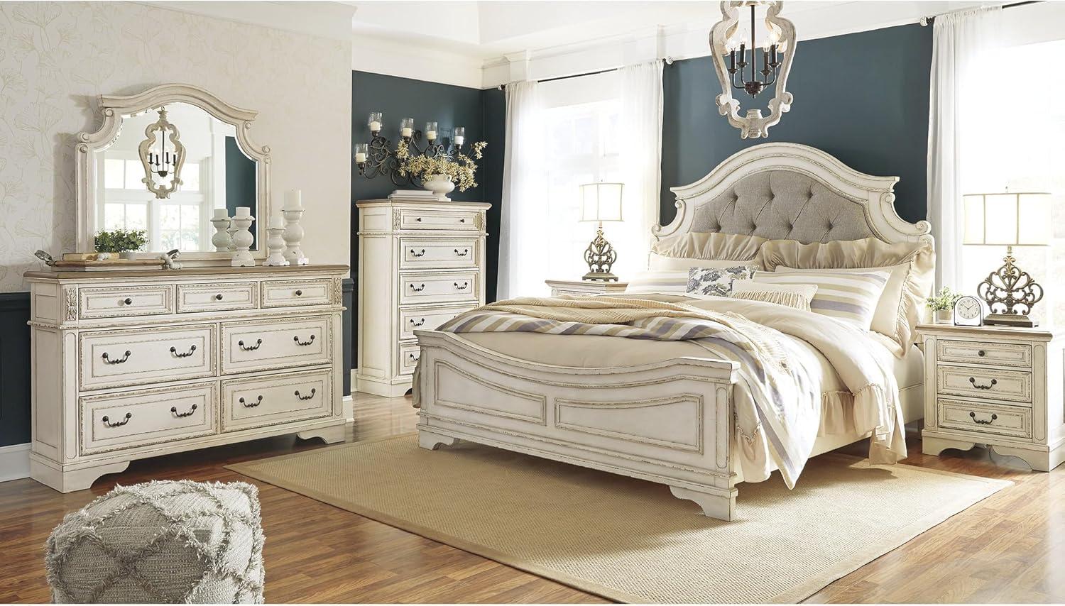 imageSignature Design by Ashley Realyn Traditional Upholstered Panel Bed with Tufted Design Foundation or Box Spring Needed King BeigeCalifornia King