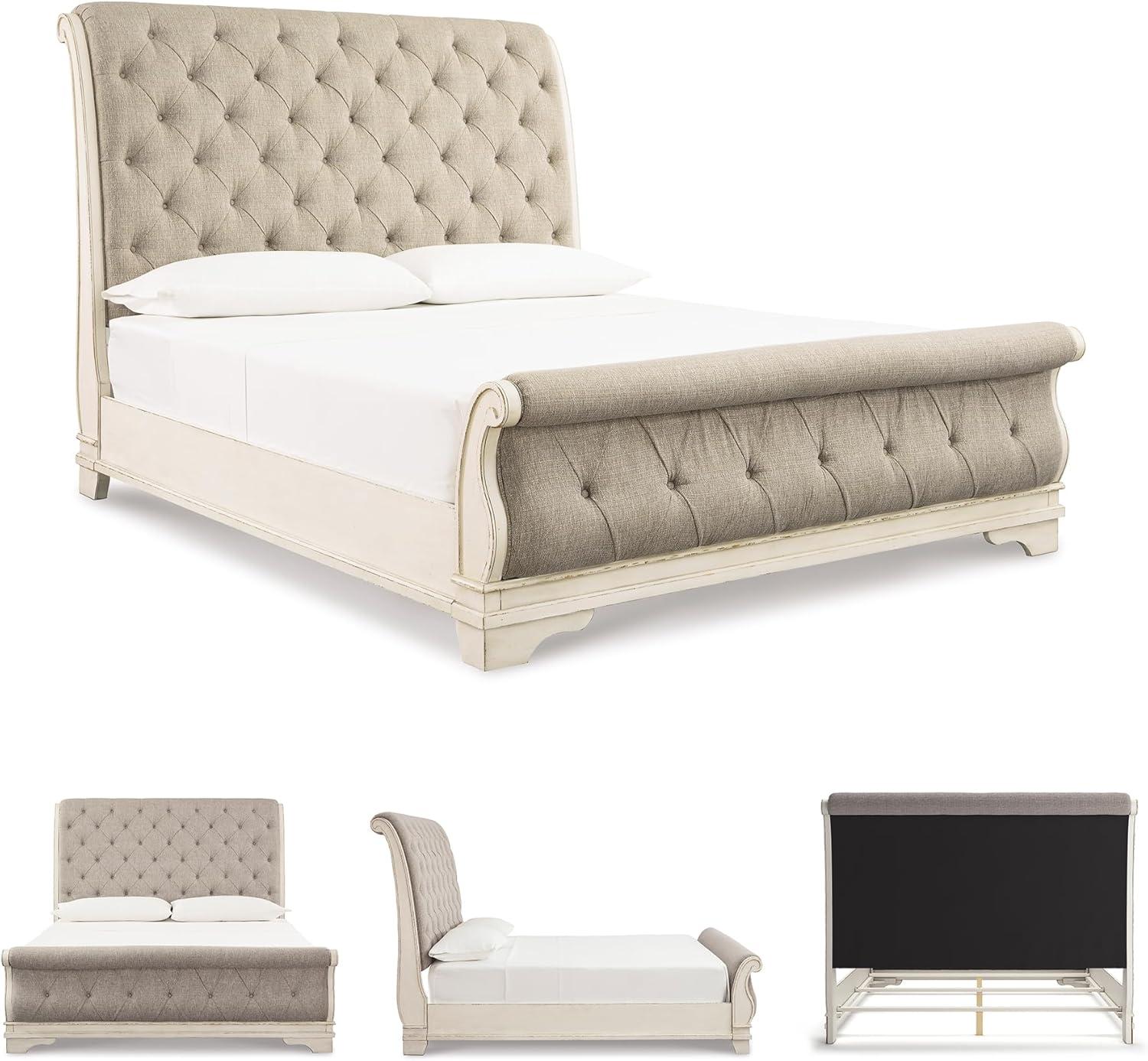 imageSignature Design by Ashley Realyn Traditional Upholstered Panel Bed with Tufted Design Foundation or Box Spring Needed King BeigeCalifornia King