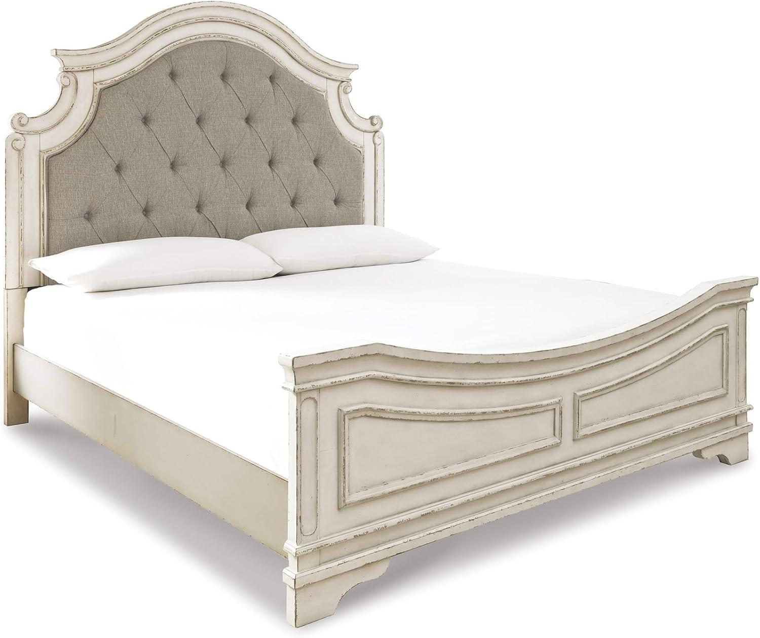 imageSignature Design by Ashley Realyn Traditional Upholstered Panel Bed with Tufted Design Foundation or Box Spring Needed King BeigeCalifornia King