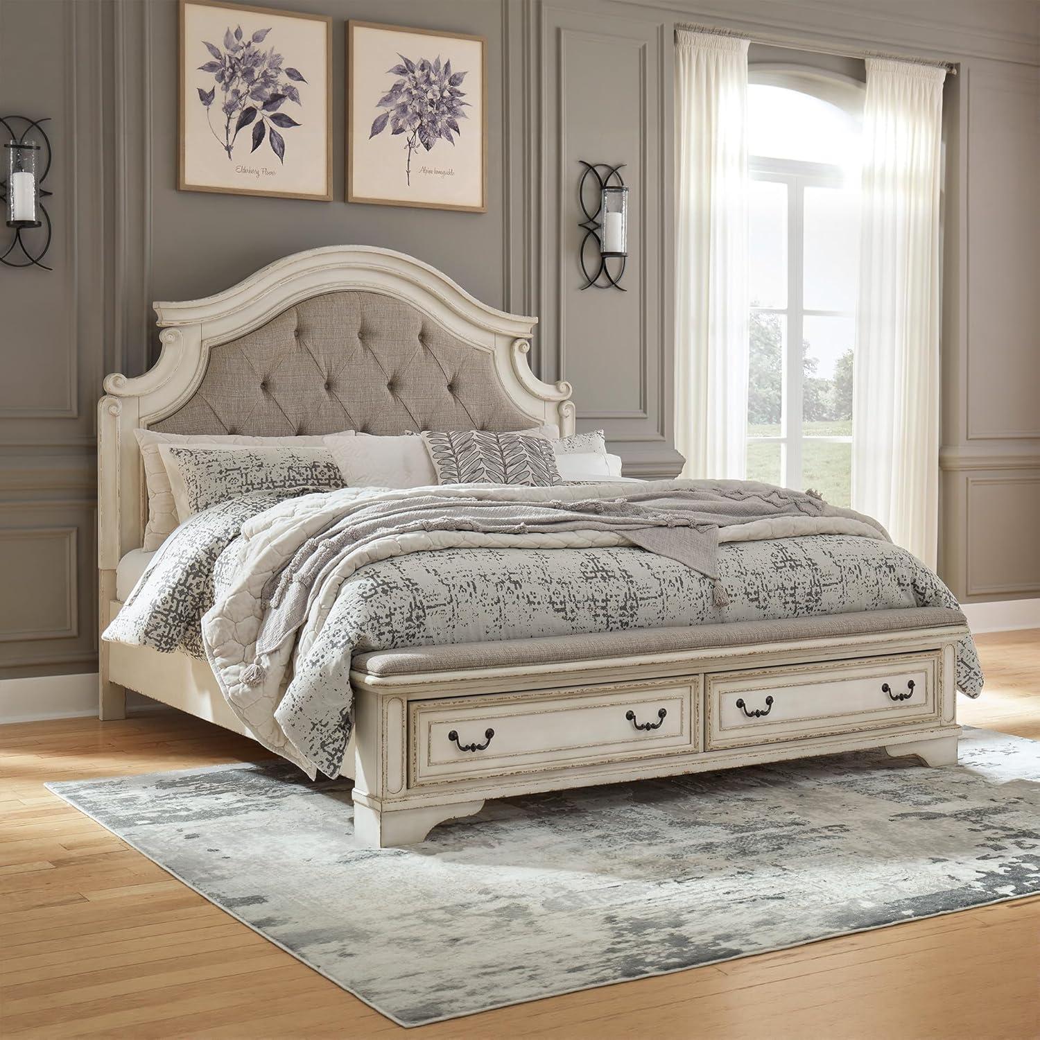 imageSignature Design by Ashley Realyn Traditional Upholstered Panel Bed with Tufted Design Foundation or Box Spring Needed King BeigeCalifornia King